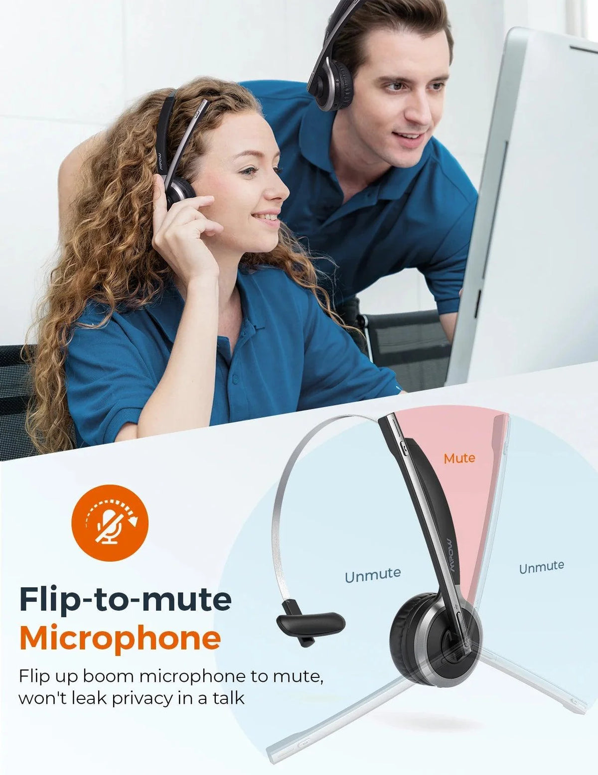 Mpow M5 Pro Bluetooth 5.0 Headphones with Mic Charging Base Wireless Headset for PC Laptop Call Center Office 18H Talking Time