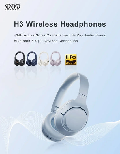 QCY H3 ANC 43dB Active Noise Cancellation Headphones Hi-Res Audio Wireless Earphones Bluetooth 5.4 Over the Ear Headsets 60Hrs
