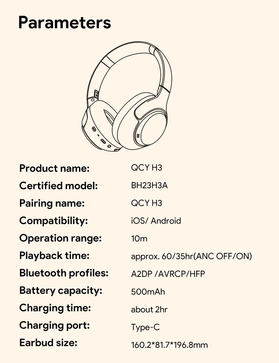 QCY H3 ANC 43dB Active Noise Cancellation Headphones Hi-Res Audio Wireless Earphones Bluetooth 5.4 Over the Ear Headsets 60Hrs