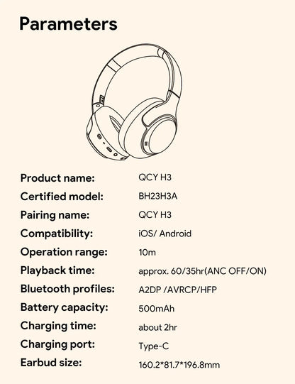 QCY H3 ANC 43dB Active Noise Cancellation Headphones Hi-Res Audio Wireless Earphones Bluetooth 5.4 Over the Ear Headsets 60Hrs