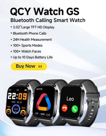 QCY Watch GS Smartwatch Fitness Tracker for 100+ Sport Modes 2.02'' Large Screen BT5.2 Bluetooth Call Smart Watch Health Monitor