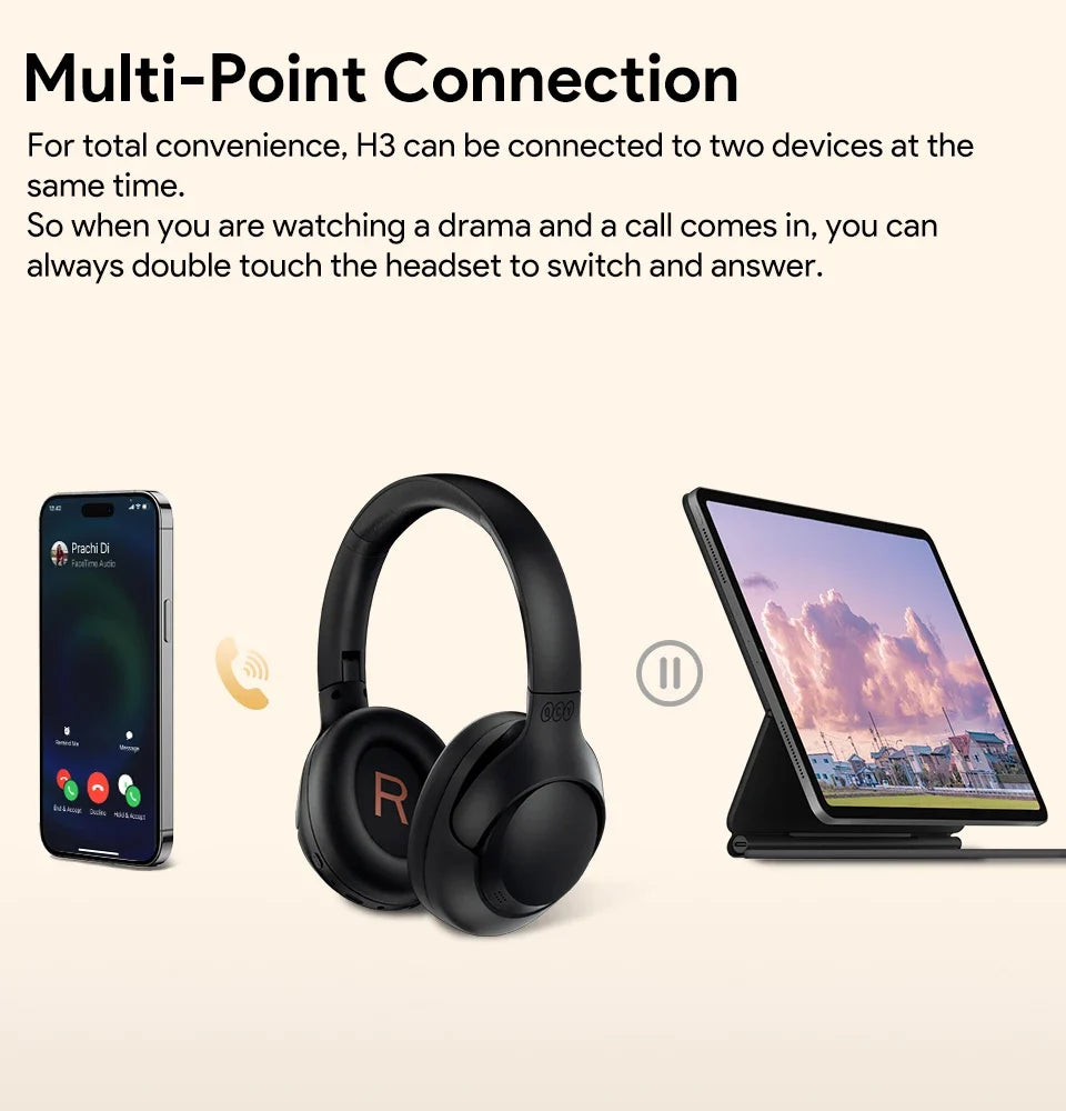 QCY H3 ANC 43dB Active Noise Cancellation Headphones Hi-Res Audio Wireless Earphones Bluetooth 5.4 Over the Ear Headsets 60Hrs