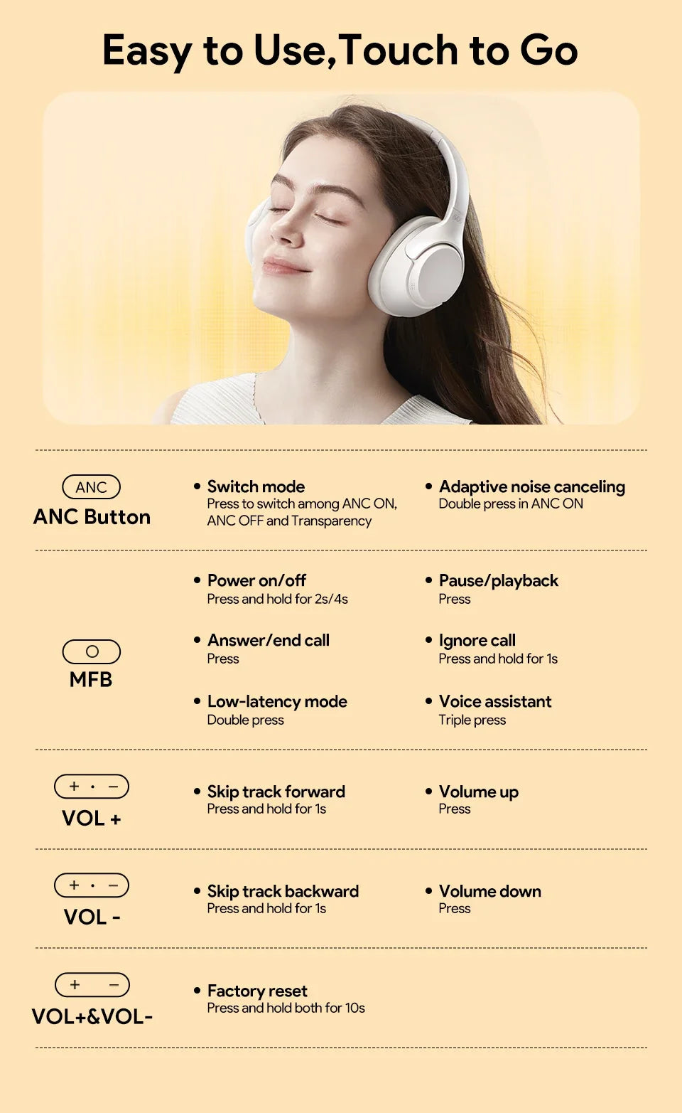 QCY H3 ANC 43dB Active Noise Cancellation Headphones Hi-Res Audio Wireless Earphones Bluetooth 5.4 Over the Ear Headsets 60Hrs
