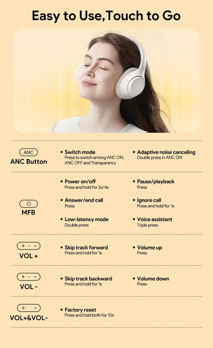 QCY H3 ANC 43dB Active Noise Cancellation Headphones Hi-Res Audio Wireless Earphones Bluetooth 5.4 Over the Ear Headsets 60Hrs